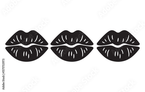 Three black lips with white lines kiss mouth