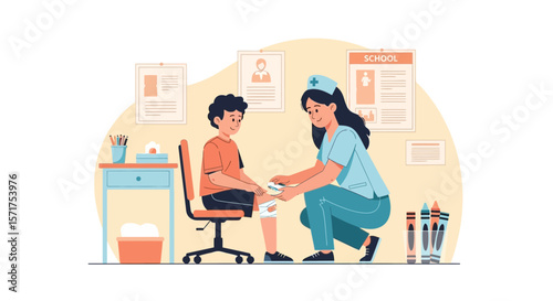Caring Nurse Attending A Wounded Boy In School Nurse's Office Setting