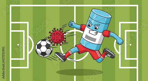 Sanitizer Ready To Kick Virus In An Animated Soccer Match Illustration