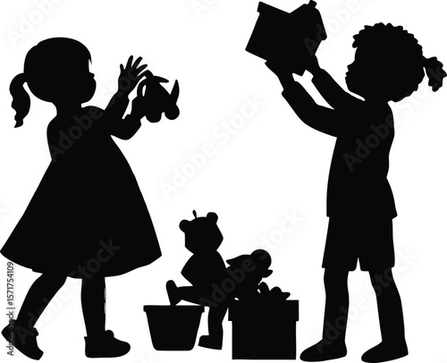 Kids Organizing Toys Silhouette,Children Cleaning Room