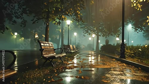 Enchanted Night in a Rainy Park with Illuminated Lanterns and Benches