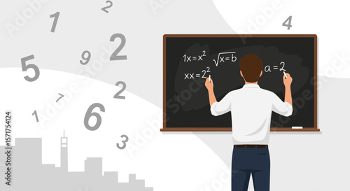 Mathematics Concept With Professor Writing Equations On Chalkboard Illustrative Background
