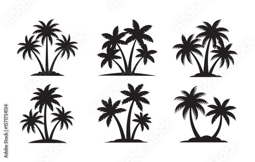 Tropical palm trees silhouettes on sandy islands beach