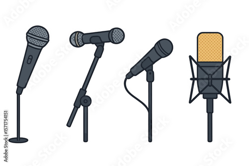 Vector illustration of a collection of various concert microphones in isolation