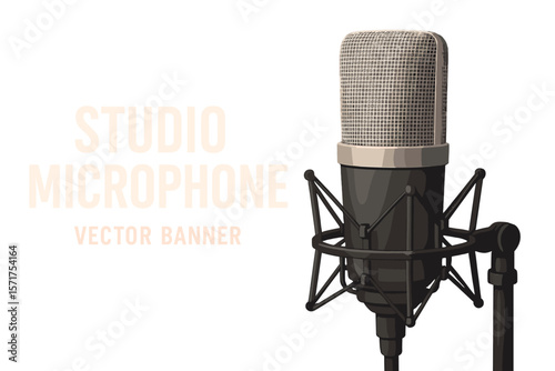 Realistic vector illustration of a studio microphone on a red background, representing professional sound recording equipment, ideal for use in banners, flyers, advertisements, posters, and karaoke