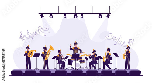 Ensemble Of Musicians Performing On Stage With Various Instruments Vector Design