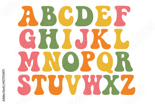 A funky, postmodern font with a 1960s bohemian style, ideal for creating posters, collages, clothing designs, music album covers, and other projects, featuring vector clipart illustrations of