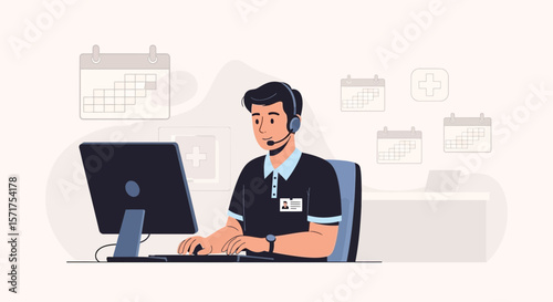 Medical Appointment Scheduling With Male Employee Working At Computer