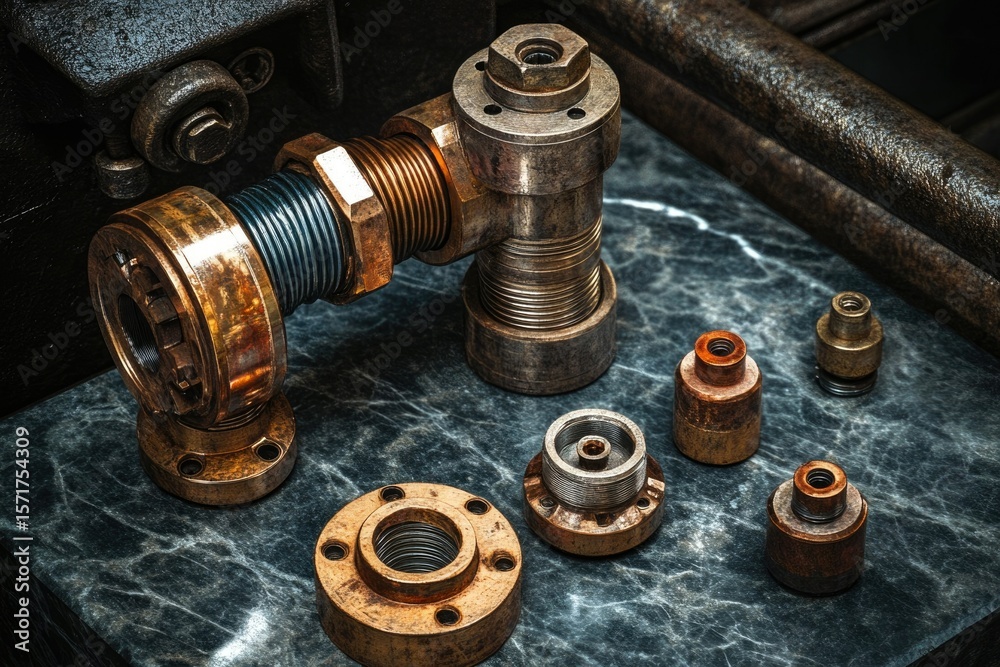 Still life of industrial components including pipes, fittings, flanges and bolts on a marble surface, conveying steampunk aesthetic. Still life of industrial components including pipes, fittings, flanges and bolts on a marble surface, conveying steampunk aesthetic.