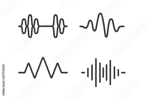 A set of sound wave flat line icons, including vibration, soundwave, audio voice signal, and abstract waveform frequency vector illustrations, is available as an outline pictogram for a music app in
