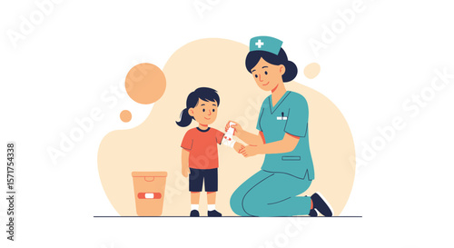 Caring Nurse Providing First Aid To Little Girl In Medical Setting Environment