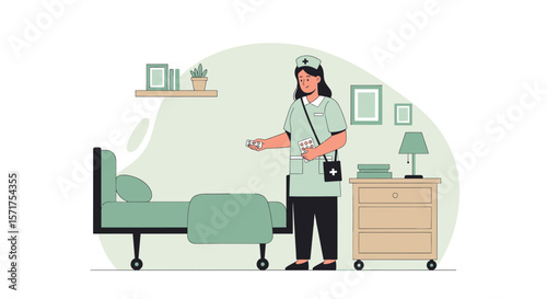 Caring Nurse Preparing Medication For Patient At Hospital Room In Illustration