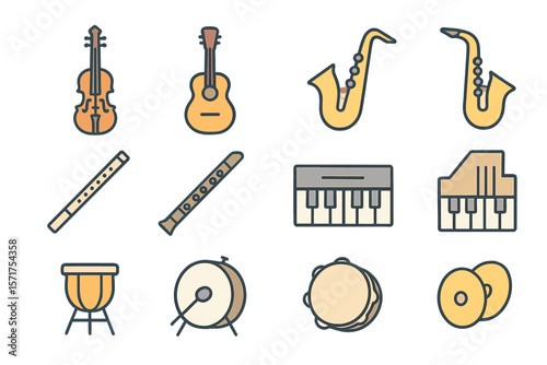 Vector illustration collection of musical instrument line icons including strings, winds, keyboards, and percussion