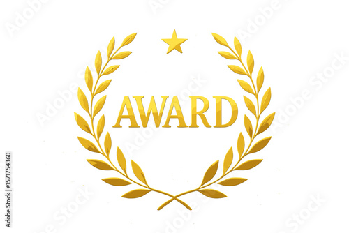 Vector vertical illustration of a golden shiny award sign accompanied by a laurel wreath, set against a dark luxury background with golden glitter