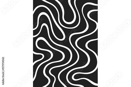 Vector illustration of a black and white abstract poster design featuring liquid lines, with white curves and wavy lines set against a dark black background, available in A4 size, suitable for use as