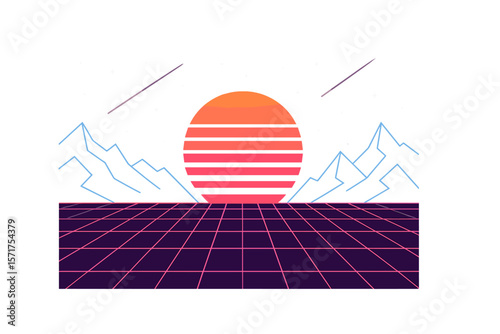 Vector illustration of an abstract futuristic landscape in 1980s style, serving as a retro sci-fi background for an 80s party