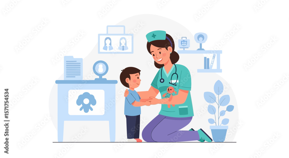 Naklejka premium Caring Pediatric Nurse Giving Comfort To A Child During Consultation In Clinic