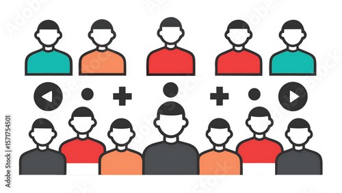 Diverse group of people icons with play and plus symbols diversity play button