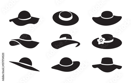 Various styles of black wide brim hats headwear fashion