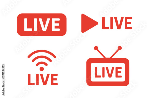 Vector set of icons for live streaming and video broadcasting, including buttons and red symbols for TV, news, movies, and shows
