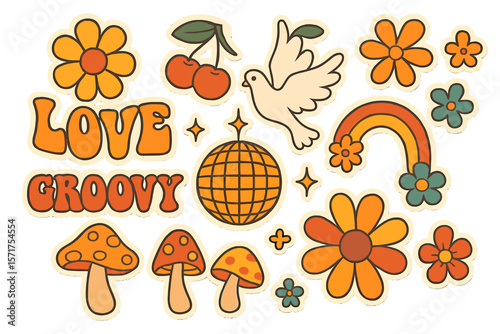 A vector set featuring retro 70s hippie stickers, including cartoon funky mushrooms, flowers, rainbows, and other vintage hippy style elements, along with decorative items like disco balls, flying