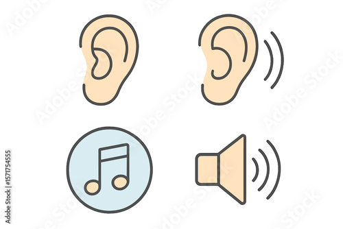 A minimalist icon set featuring a thin line design on a white background, representing audio and music in a flat style