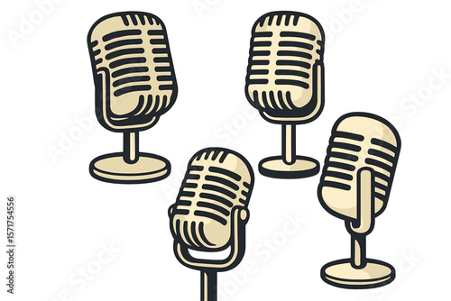 A set of retro microphone illustrations isolated on a white background, serving as a design element for various applications such as posters, cards, banners, logos, labels, signs, badges, and