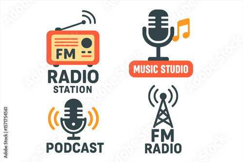 A collection of vector badges featuring radio station logos, music studio podcast speakers, and broadcast logotypes, including an illustration of a radio station logo with an antenna and an FM