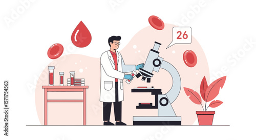 Scientist Analyzes Blood Samples Using Microscope In Laboratory Medical Research