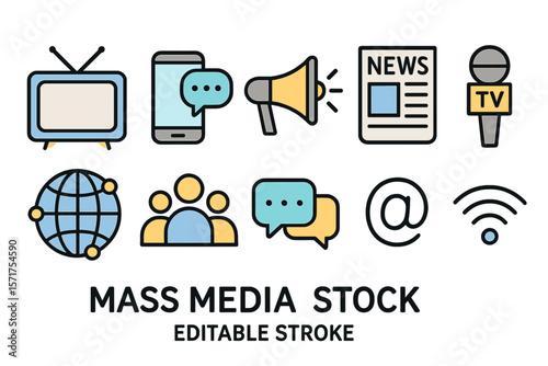 Collection of outline icons related to mass media, social networks, public media, journalism, communication, and networking, presented as a set of line icons with editable stroke in vector