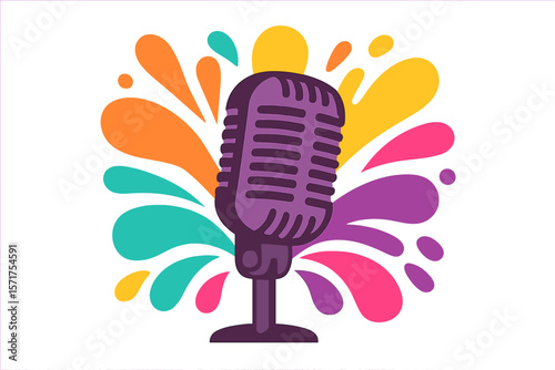 Vector illustration of a vibrant abstract background featuring a retro microphone surrounded by splashing shapes in a colorful style