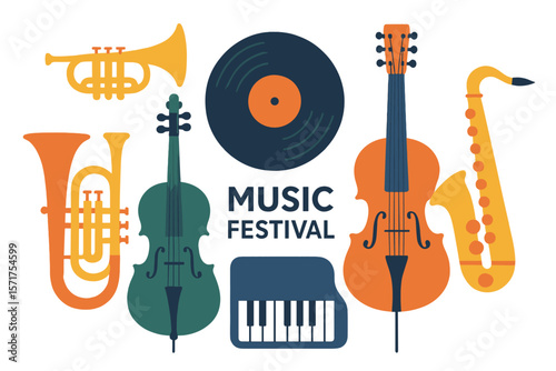 Vector illustration of a music background featuring a variety of colorful instruments, including a double bell euphonium, violoncello, trumpet, piano, euphonium, sax, and guitar, along with a vinyl