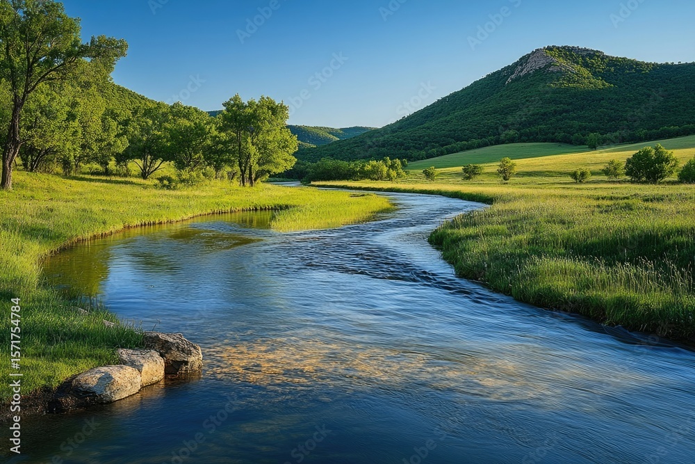 Scenic river flowing through a lush green landscape with trees, grass, and a mountain in the background. Scenic river flowing through a lush green landscape with trees, grass, and a mountain in the background.