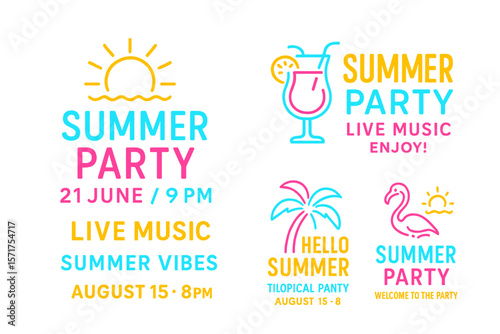 A collection of summer party posters in neon vector style, including a design template, bright neon brochure, and modern trend designs such as light banners and typography invitations, along with an