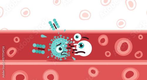 Cartoon Antibody Fighting Virus Cell Inside The Bloodstream Illustration