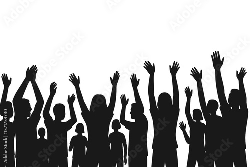 Applause people, a cheerful crowd cheering with hands up, in silhouette vector