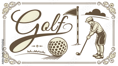 Golfer swinging club near ball and flag vector