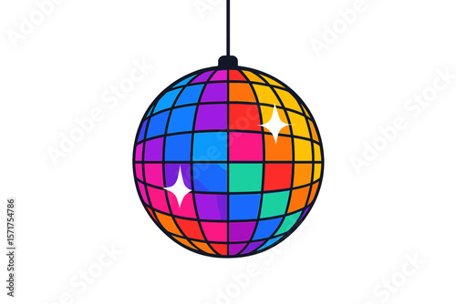 Vector illustration of a bright colored rotating disco ball with glare of light on a white background, suitable for disco, dance club, or party - eps
