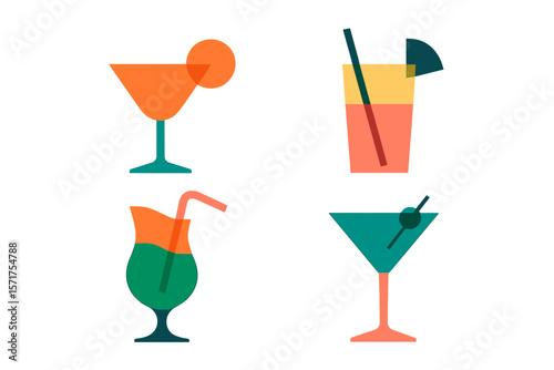 Vector illustration of a creative and colorful composition featuring a set of abstract silhouette cocktails with alcohol or juice in a minimalistic geometric flat style, suitable for branding menus