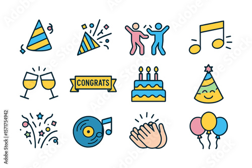 Party line icon set, featuring icons such as celebrate, celebration, dancing, music, congrats and many others