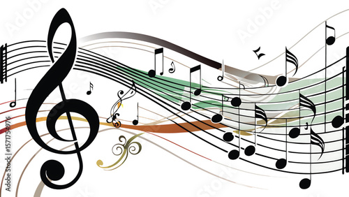 Musical notes and staffs with flowing decorative lines treble clef black