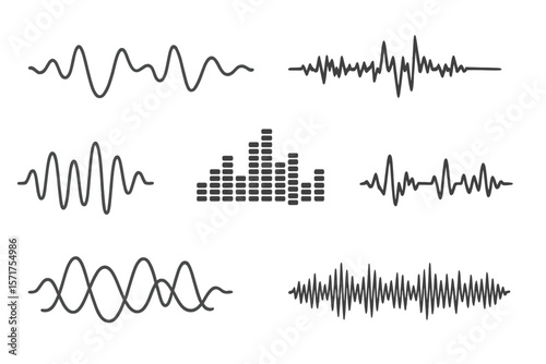 Vector illustration of sound waves collection including analog and digital audio signals, music equalizer, interference voice recording, and high frequency radio wave