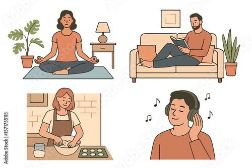 A series of illustrations depicting people staying at home in quarantine, engaging in activities such as yoga, meditation, lounging on the sofa, reading, baking, and listening to music in their rooms