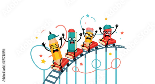 Excited Pencils And Books Enjoy A Thrilling Rollercoaster Ride Together
