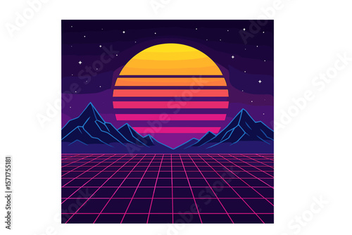 A futuristic landscape in 1980s style serves as a retro background, complemented by a digital cyber surface and elements reminiscent of a retro music album cover, featuring the sun, space, and