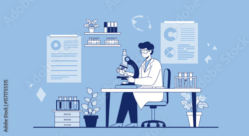 Scientist Exploring Microscopic World In Modern Laboratory Illustration Minimalist Style
