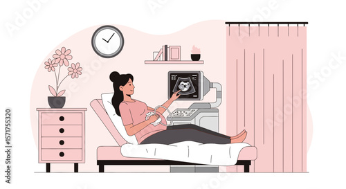 Expectant Mother Getting Ultrasound Checkup In Clinic Bed Early Pregnancy