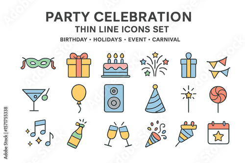 A set of thin line icons for party celebrations, including birthday, holidays, events, and carnivals, featuring basic party elements in a simple vector linear design with illustrations and symbols of
