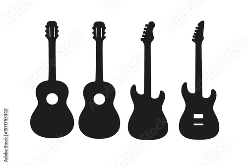 A set of guitar silhouettes featuring acoustic and heavy rock electric guitars as musical instruments, presented as a simple collection of vector icons for web design, including music symbols in a