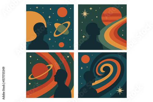 Vector illustration of abstract cosmos featuring a human silhouette in space, suitable for a set of posters, cards, book covers, or music album covers